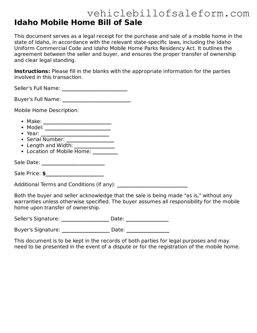 Printable  Mobile Home Bill of Sale Template for Idaho