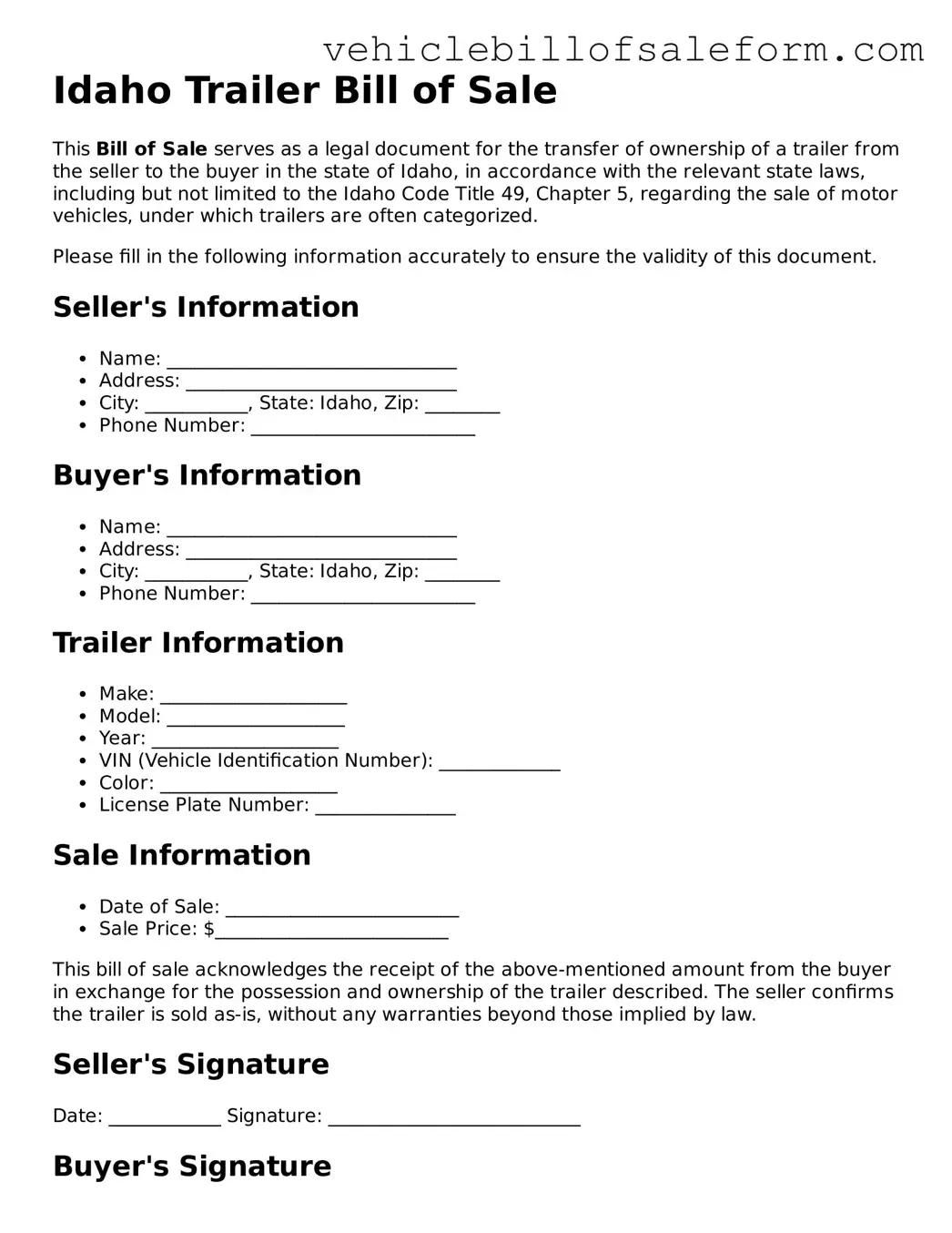 Printable  Trailer Bill of Sale Template for Idaho