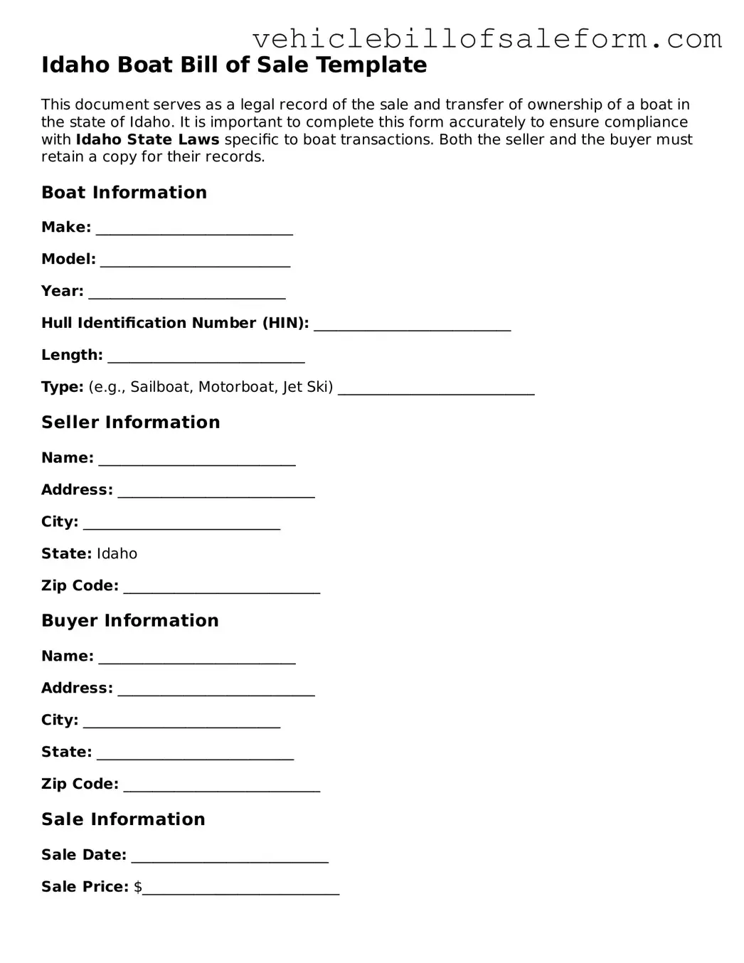 Printable  Boat Bill of Sale Template for Idaho