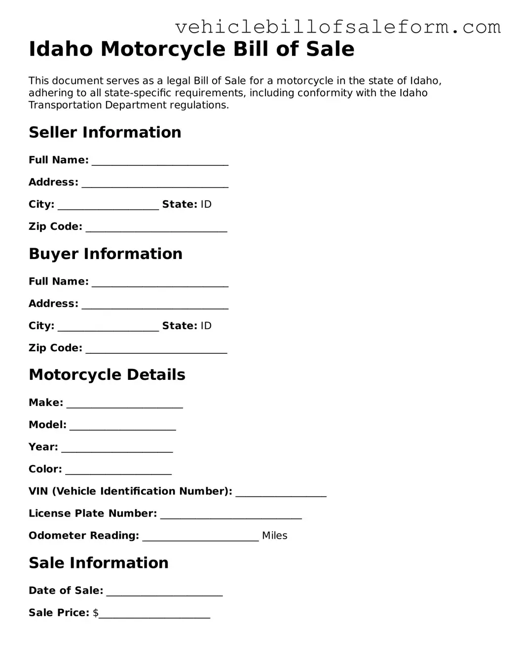 Printable  Motorcycle Bill of Sale Template for Idaho