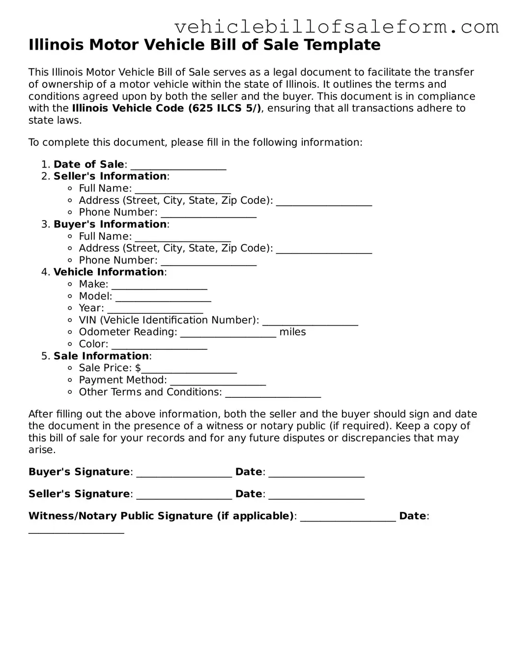 Printable  Motor Vehicle Bill of Sale Template for Illinois