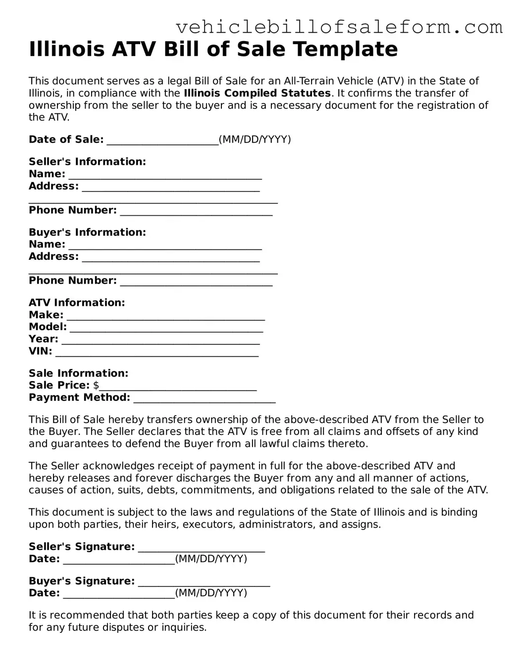 Printable  ATV Bill of Sale Template for Illinois