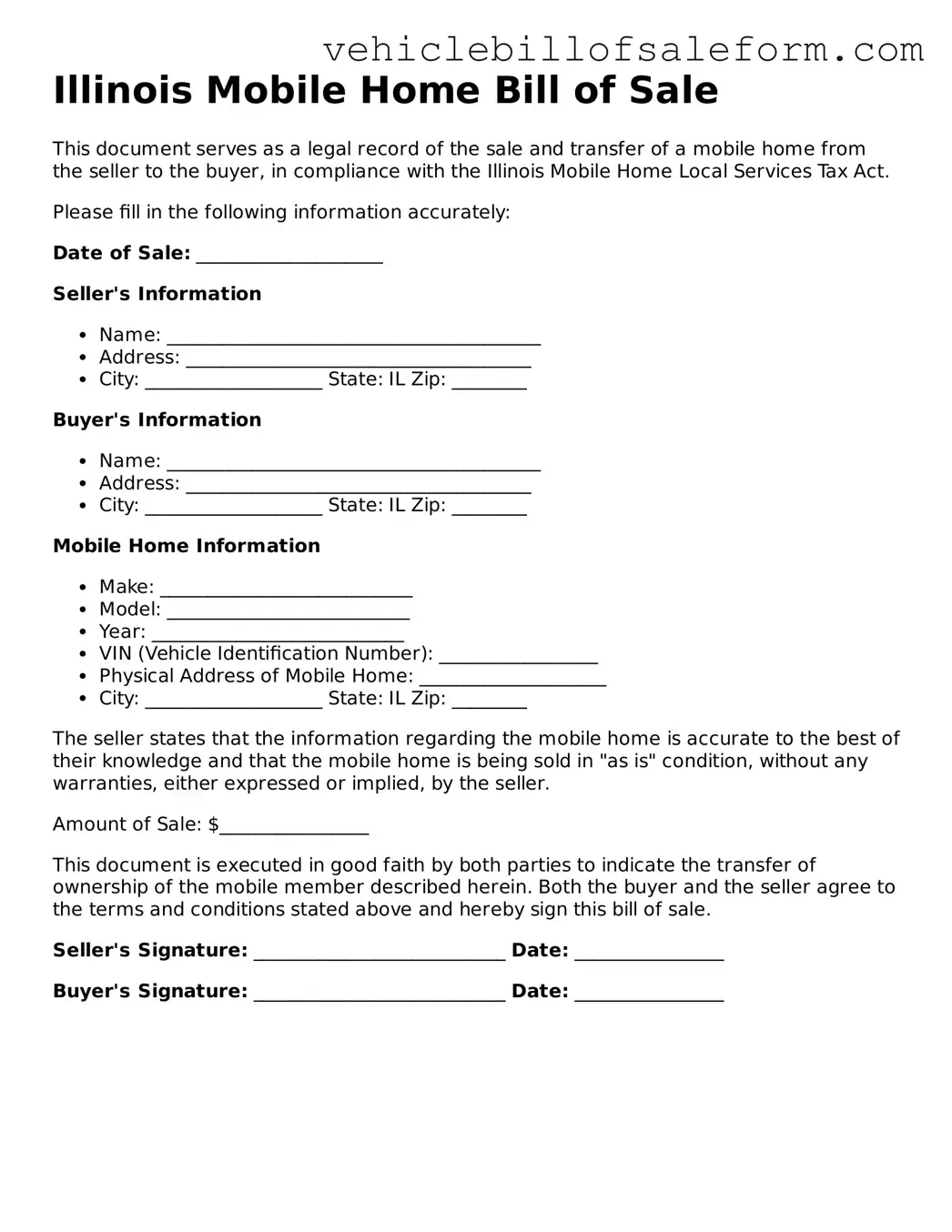 Printable  Mobile Home Bill of Sale Template for Illinois