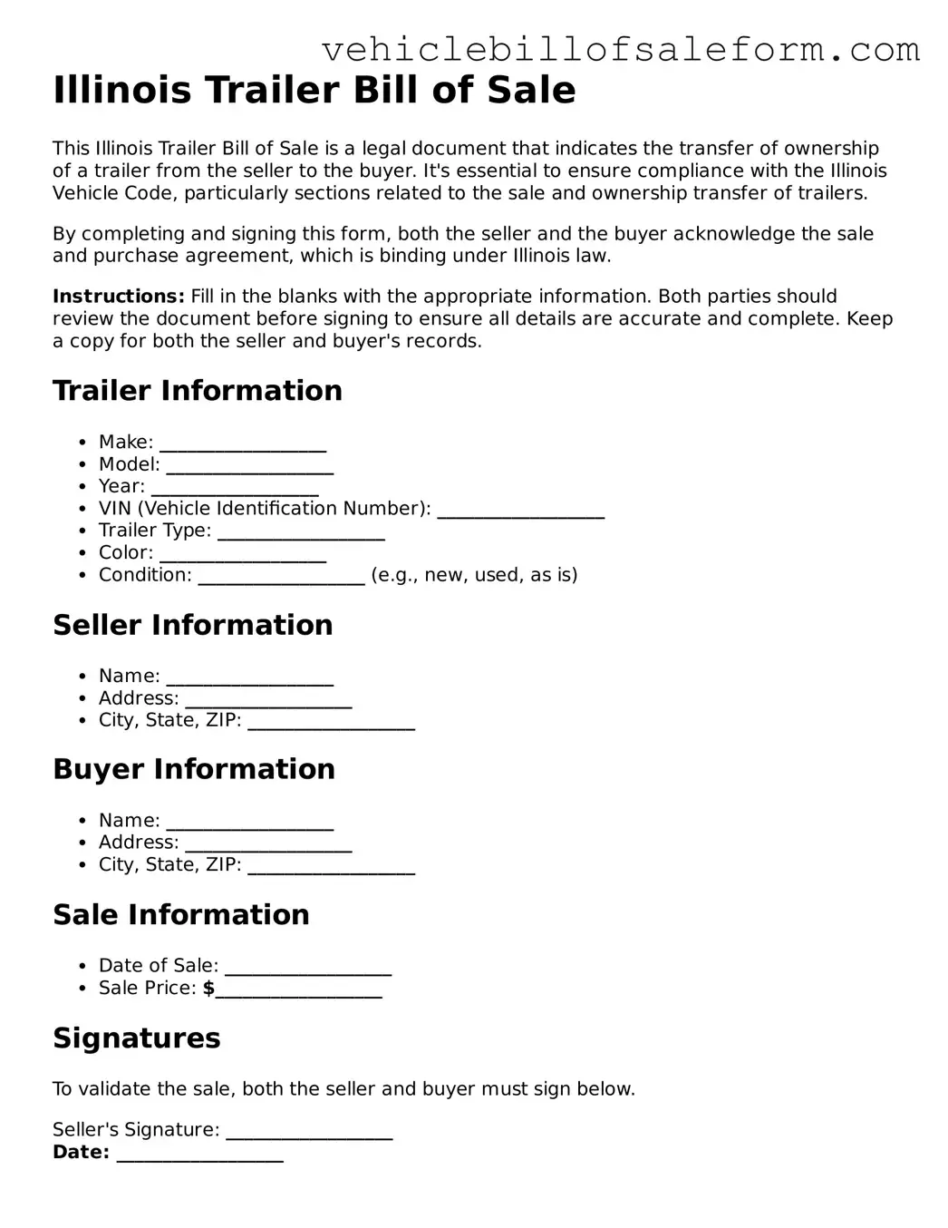 Printable  Trailer Bill of Sale Template for Illinois