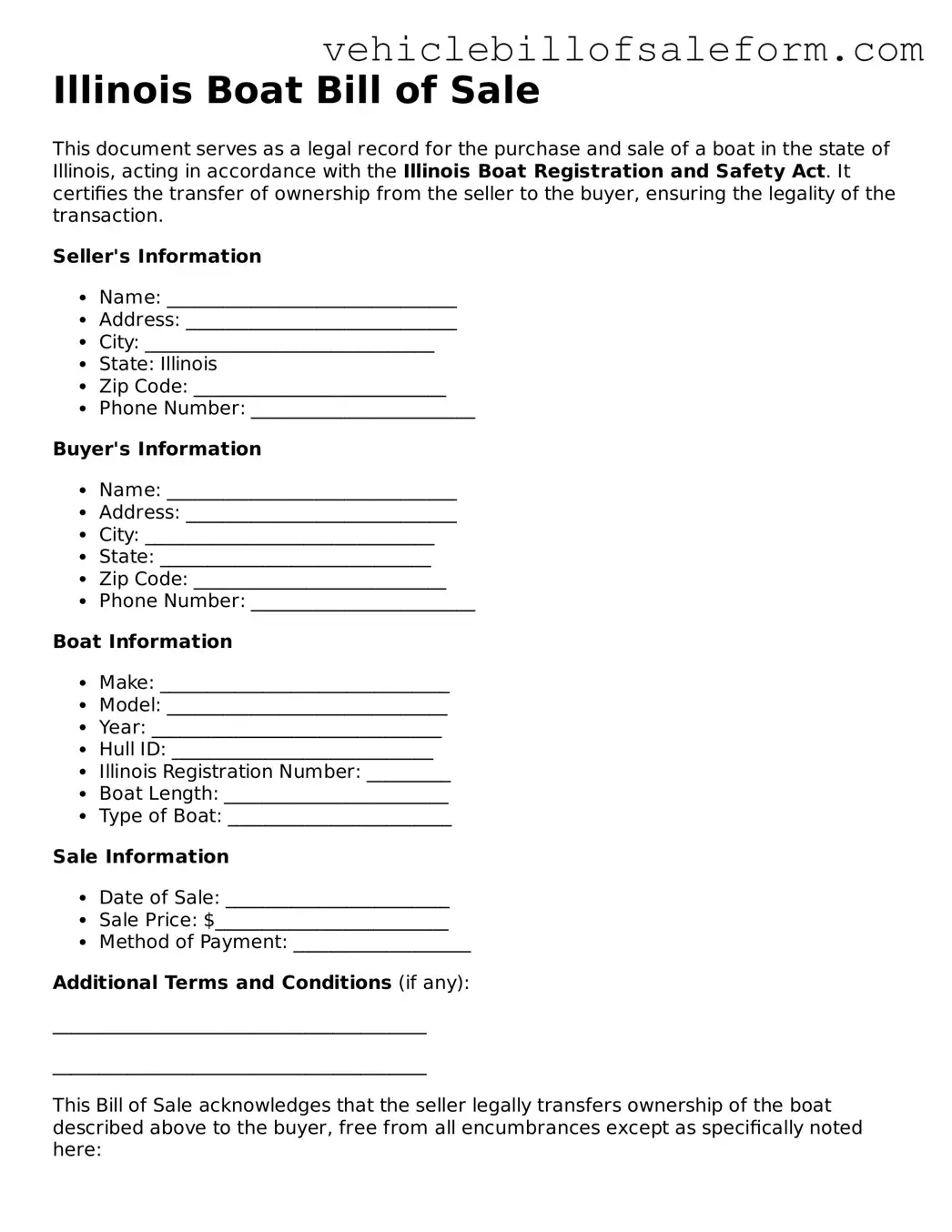 Printable  Boat Bill of Sale Template for Illinois