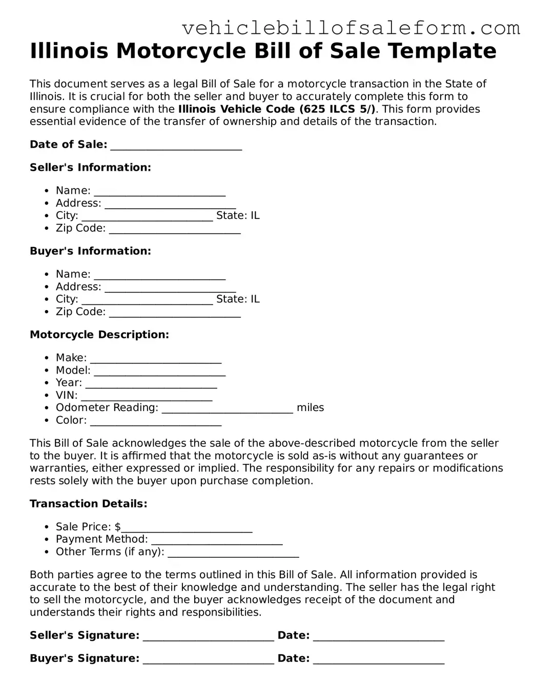 Printable  Motorcycle Bill of Sale Template for Illinois