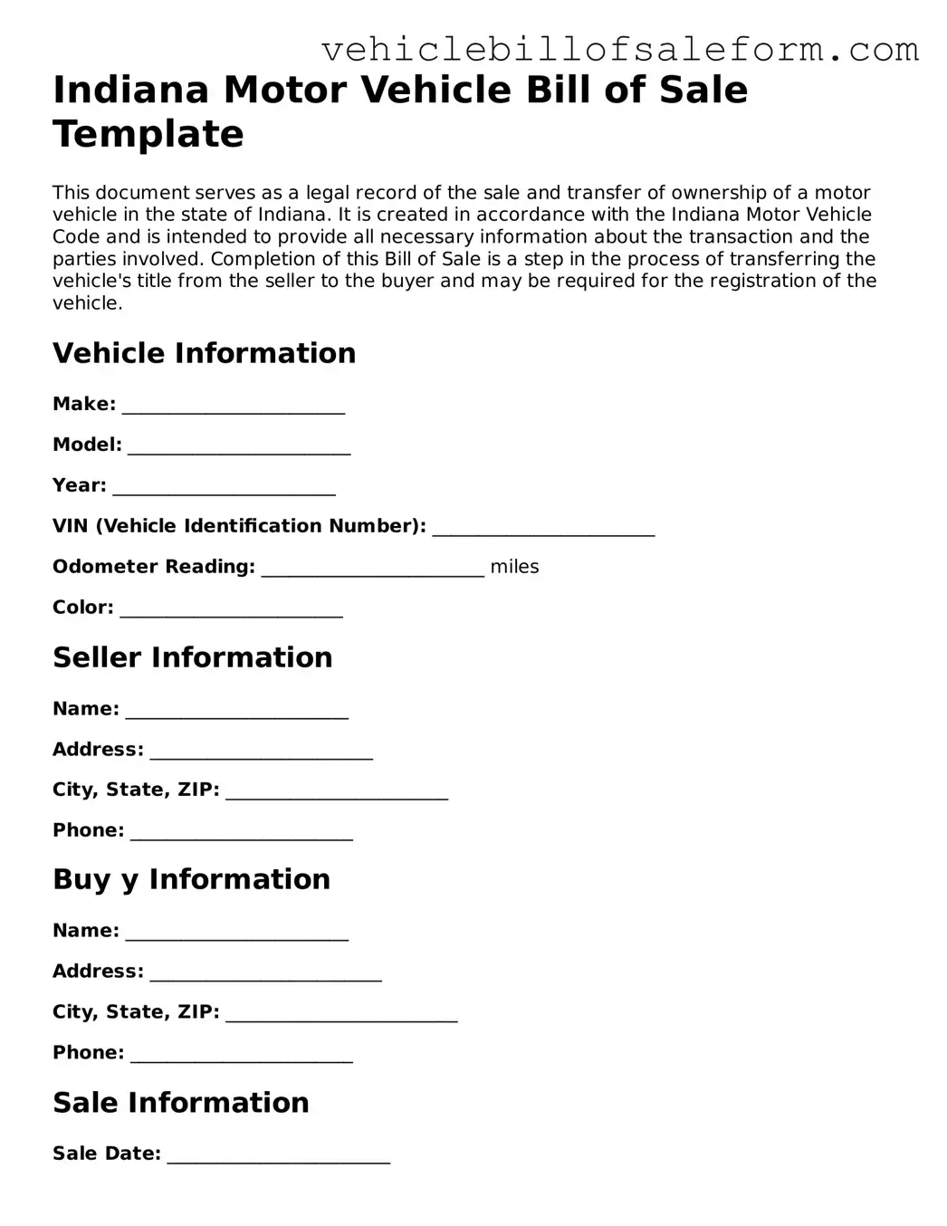 Printable  Motor Vehicle Bill of Sale Template for Indiana