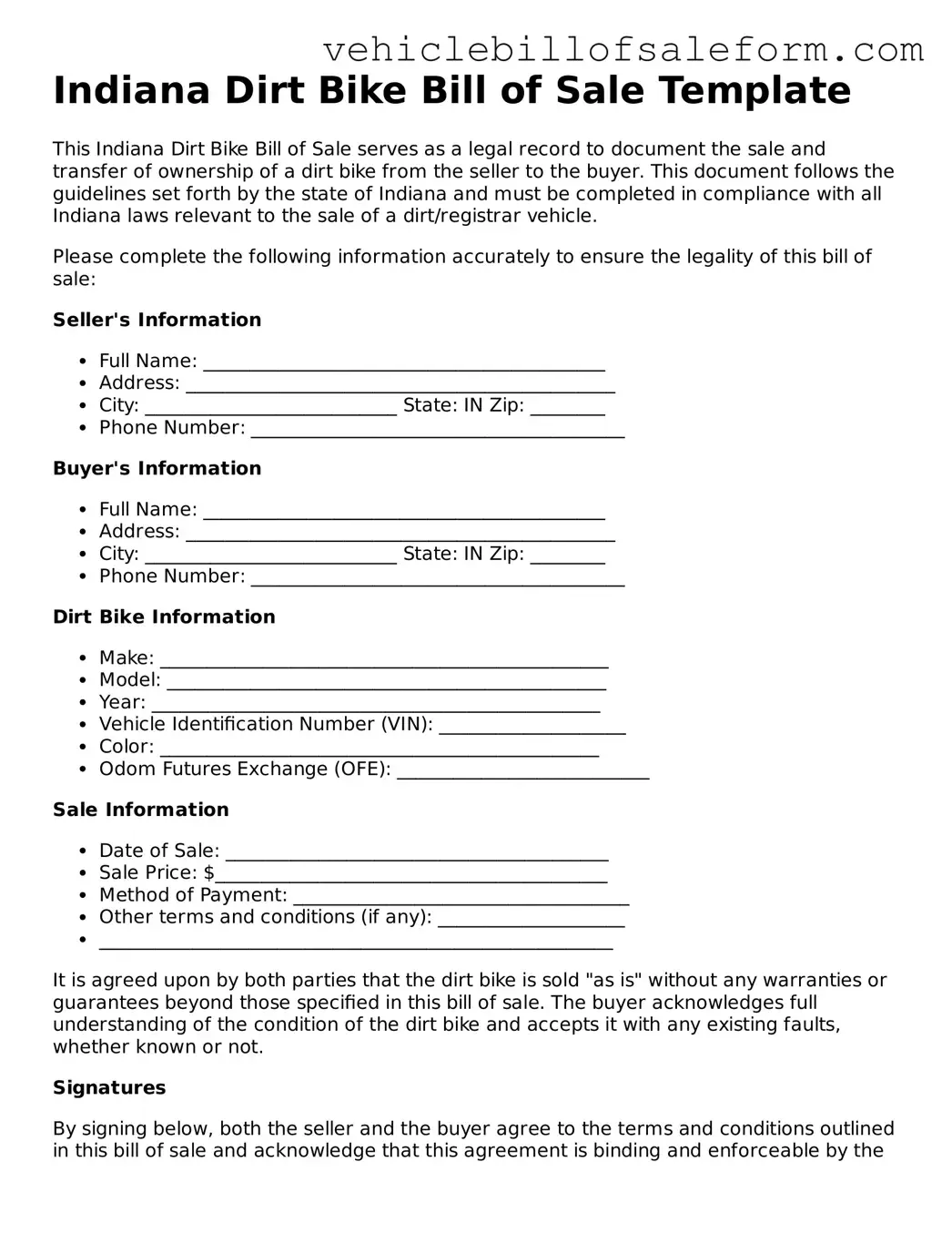 Printable  Dirt Bike Bill of Sale Template for Indiana