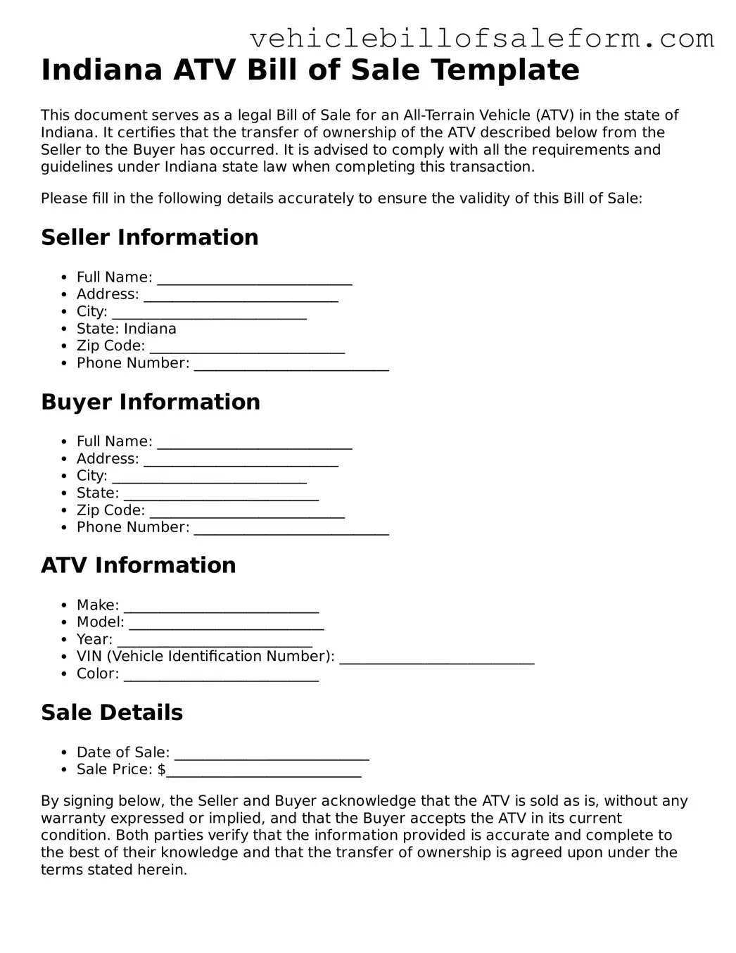 Printable  ATV Bill of Sale Template for Indiana