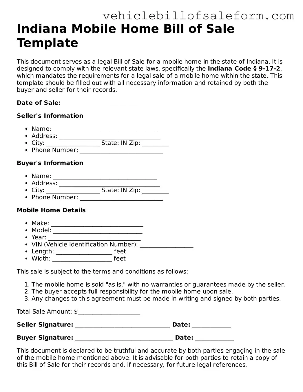 Printable  Mobile Home Bill of Sale Template for Indiana