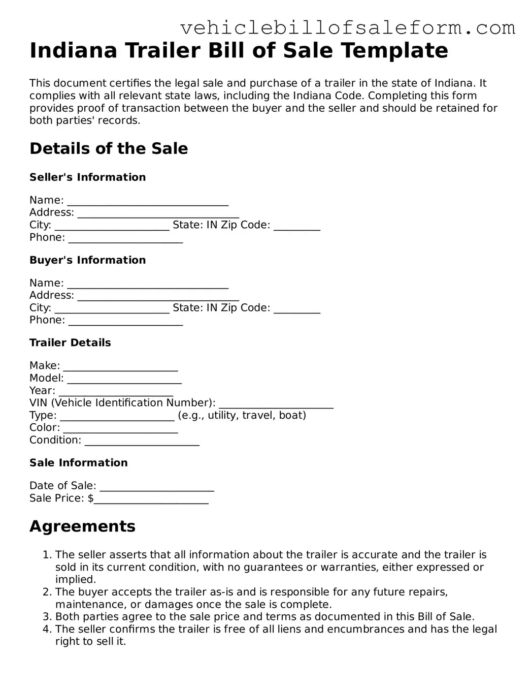 Printable  Trailer Bill of Sale Template for Indiana