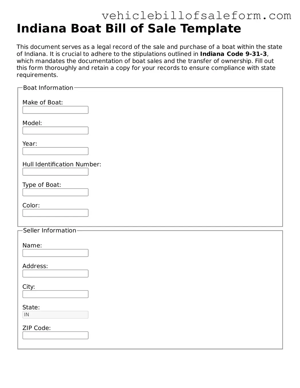 Printable  Boat Bill of Sale Template for Indiana