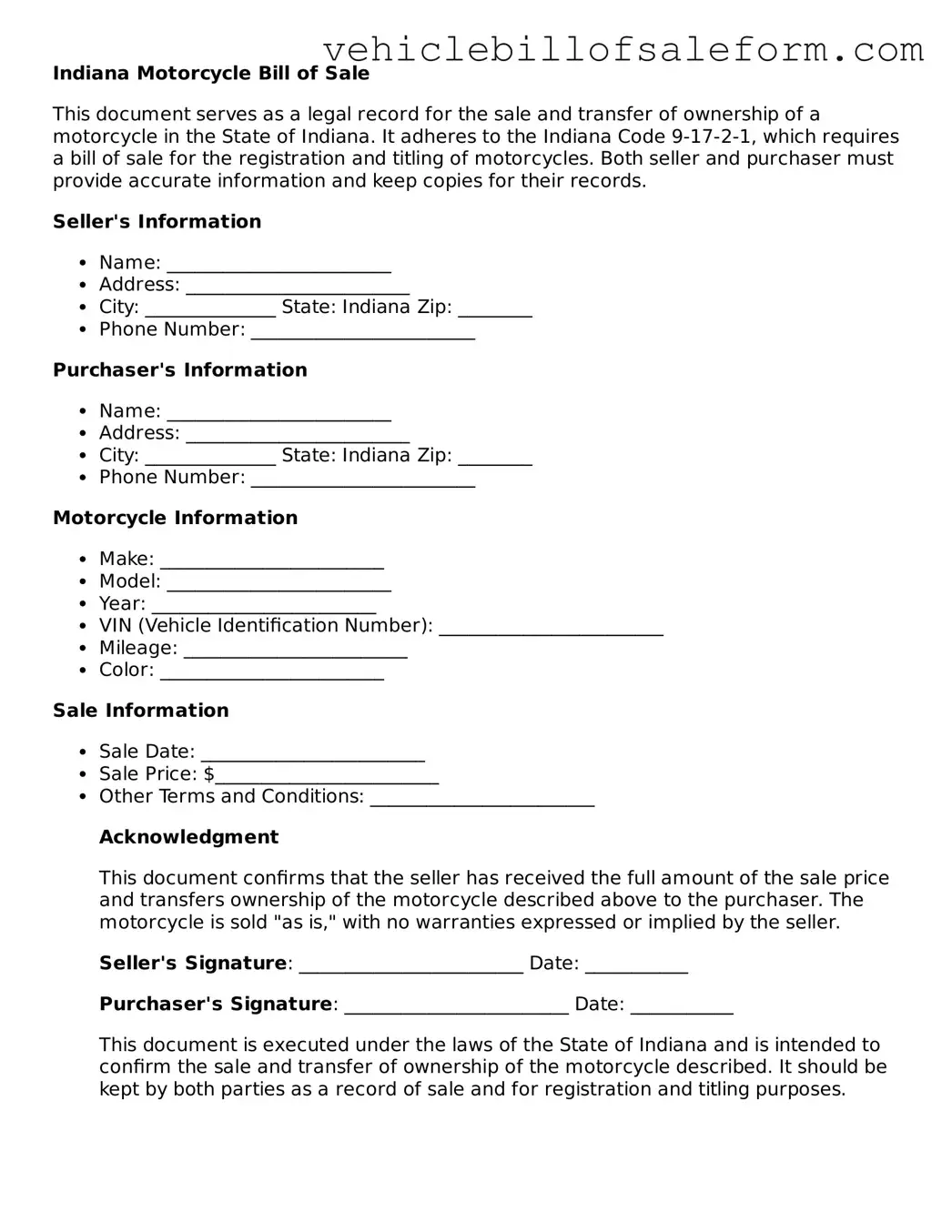Printable  Motorcycle Bill of Sale Template for Indiana