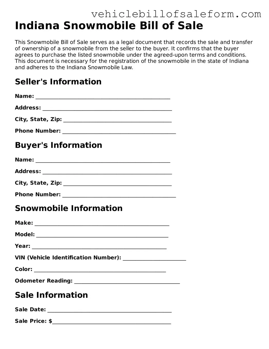 Printable  Snowmobile Bill of Sale Template for Indiana