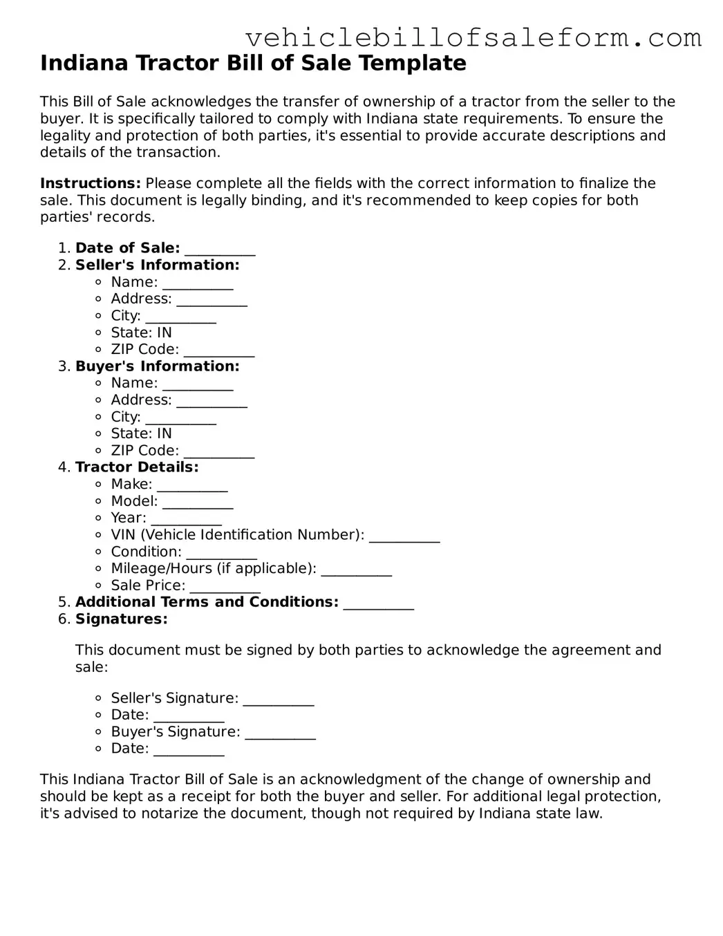 Printable  Tractor Bill of Sale Template for Indiana