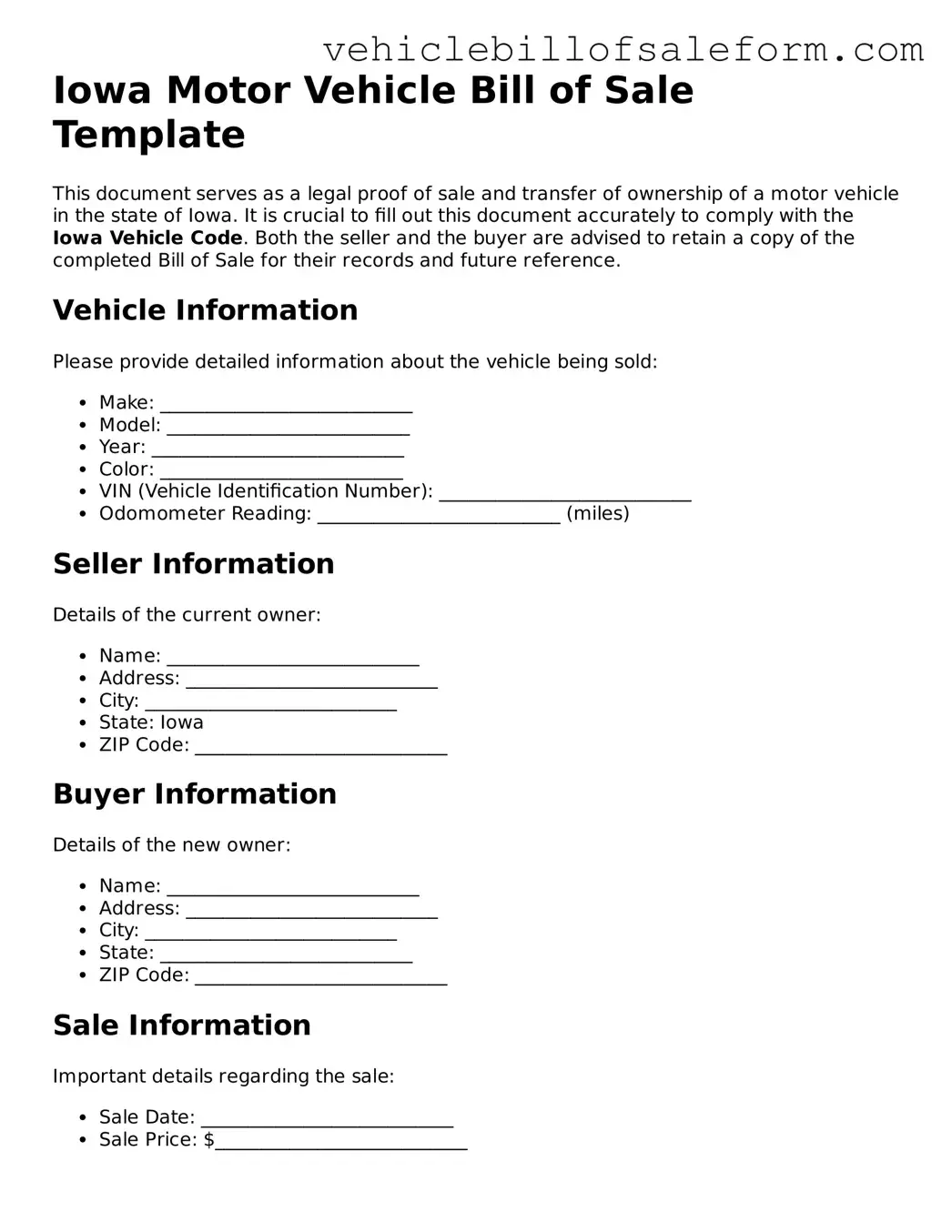 Printable  Motor Vehicle Bill of Sale Template for Iowa