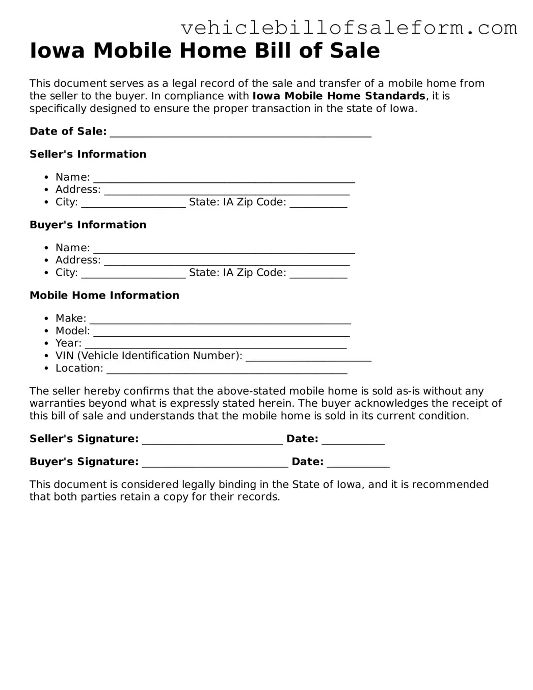 Printable  Mobile Home Bill of Sale Template for Iowa