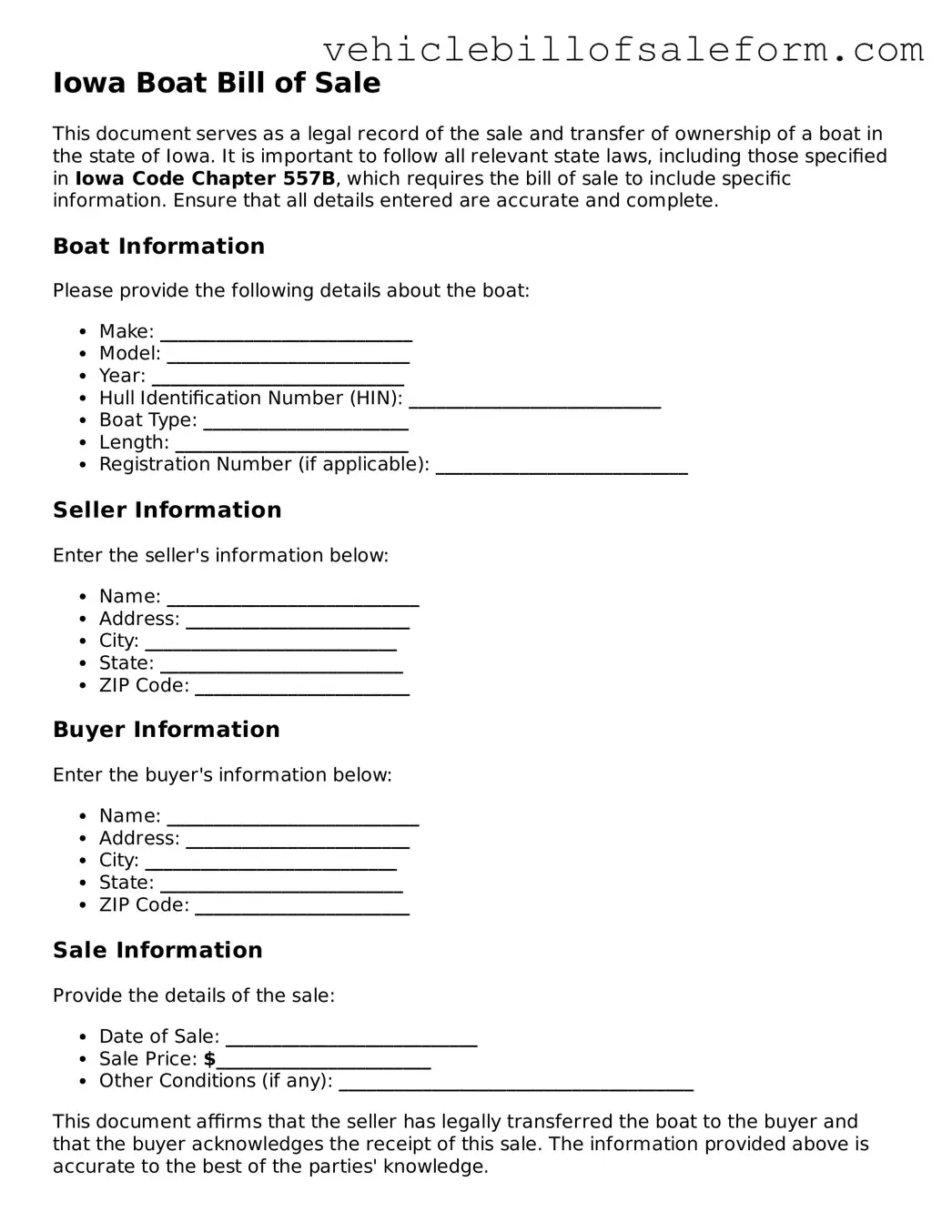 Printable  Boat Bill of Sale Template for Iowa