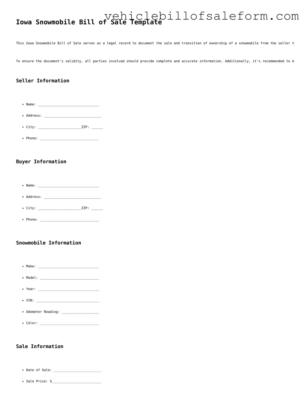 Printable  Snowmobile Bill of Sale Template for Iowa