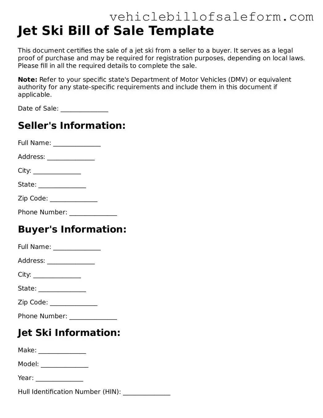 Blank Jet Ski Bill of Sale Document