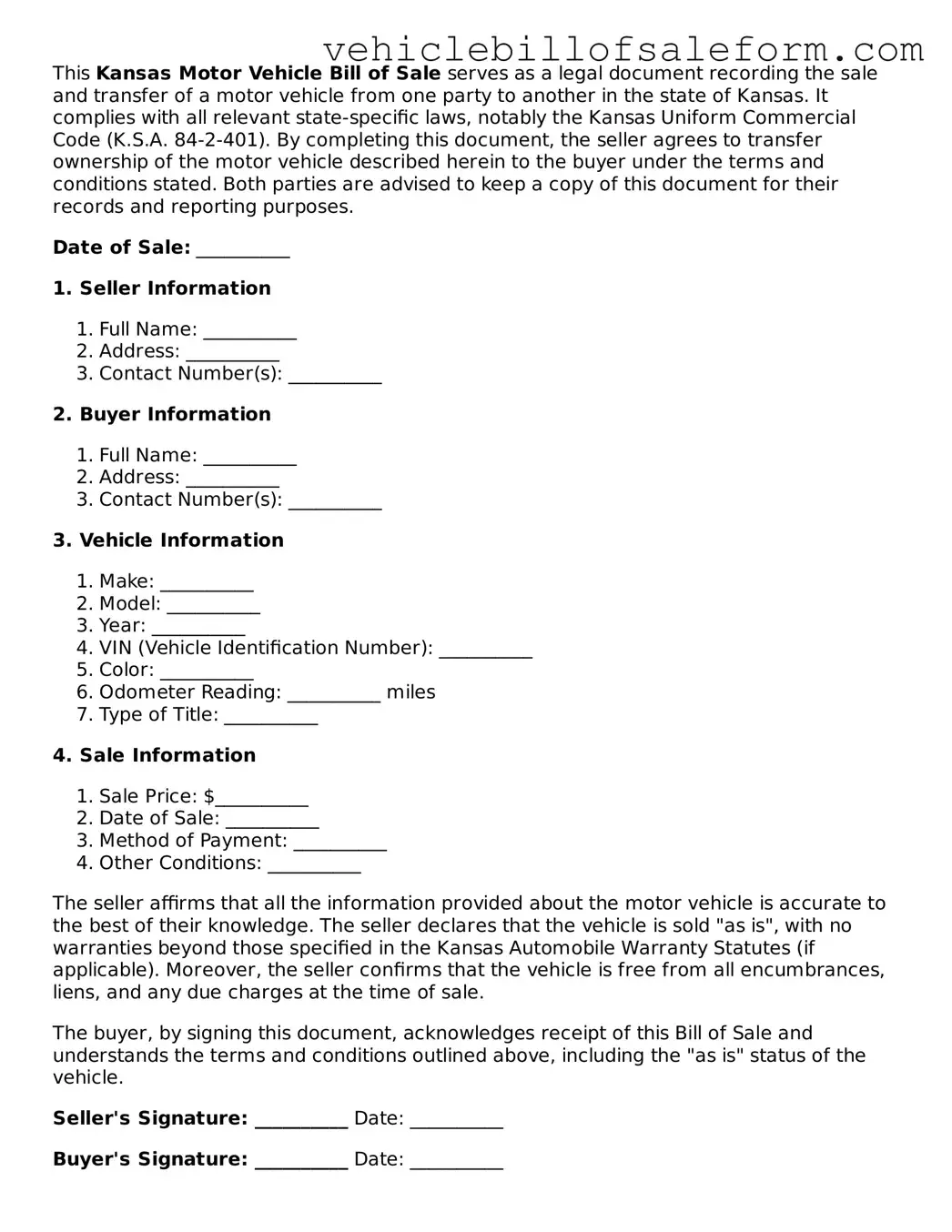 Printable  Motor Vehicle Bill of Sale Template for Kansas