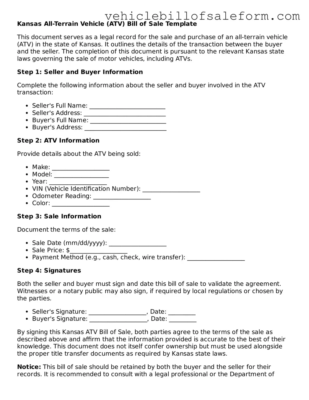 Printable  ATV Bill of Sale Template for Kansas