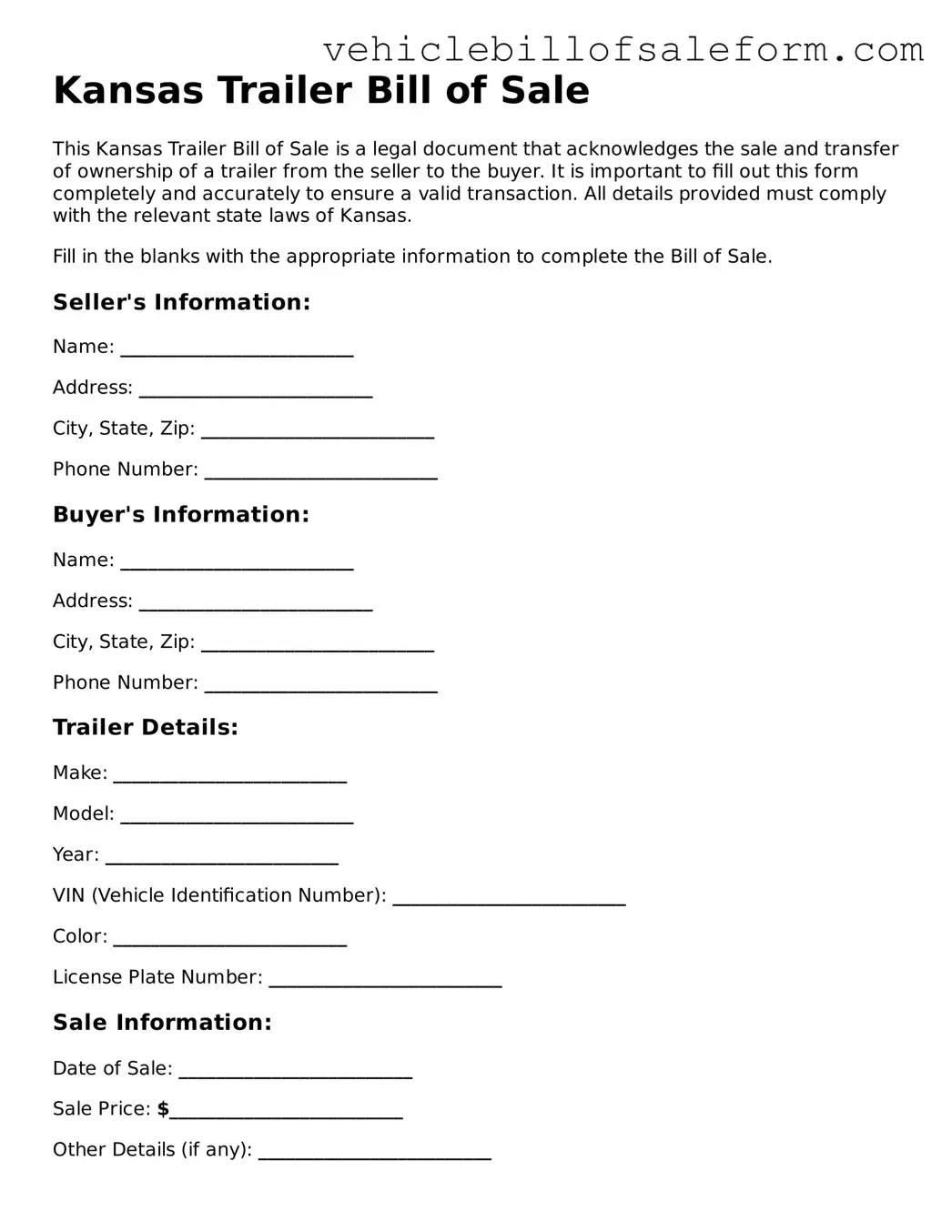 Printable  Trailer Bill of Sale Template for Kansas