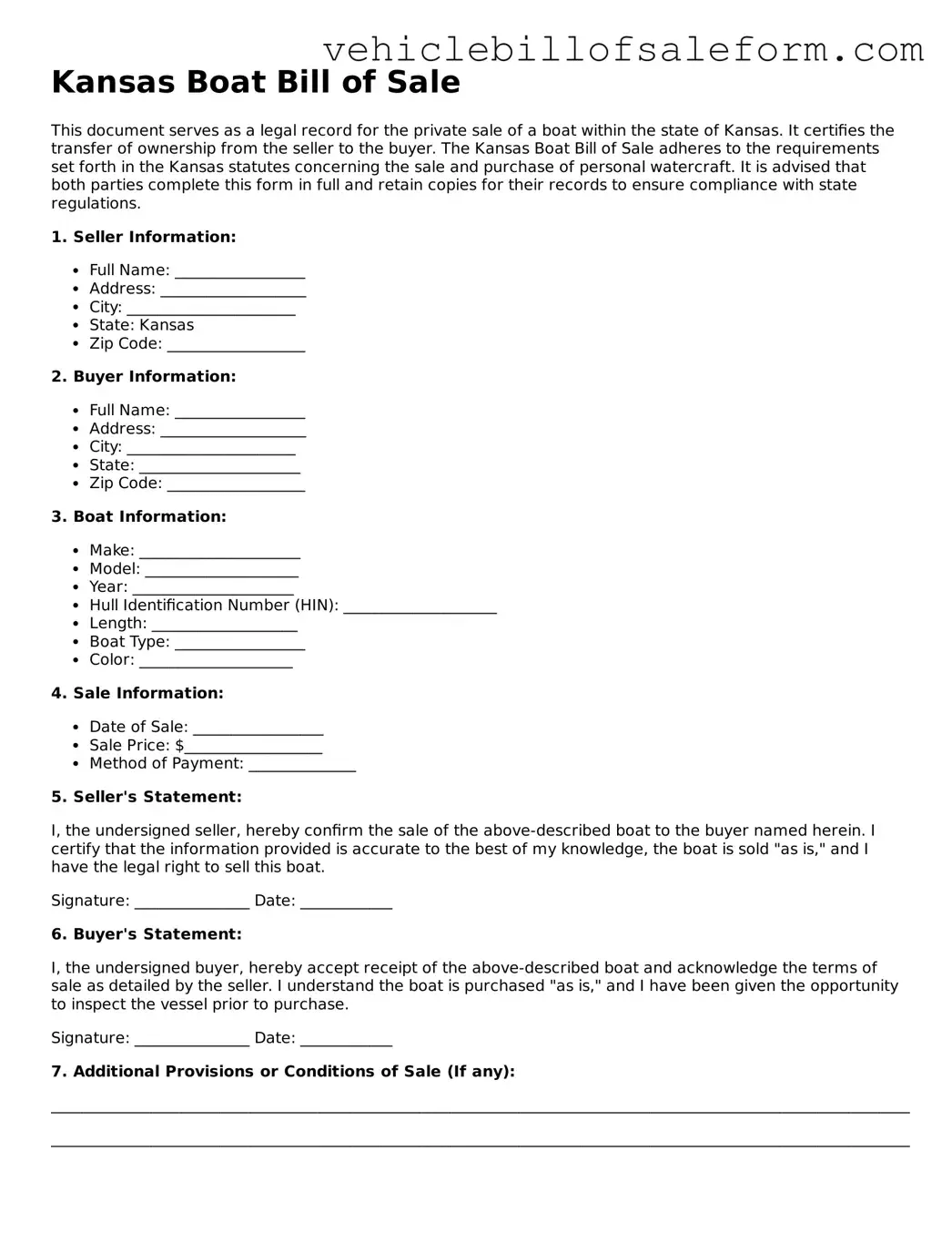 Printable  Boat Bill of Sale Template for Kansas