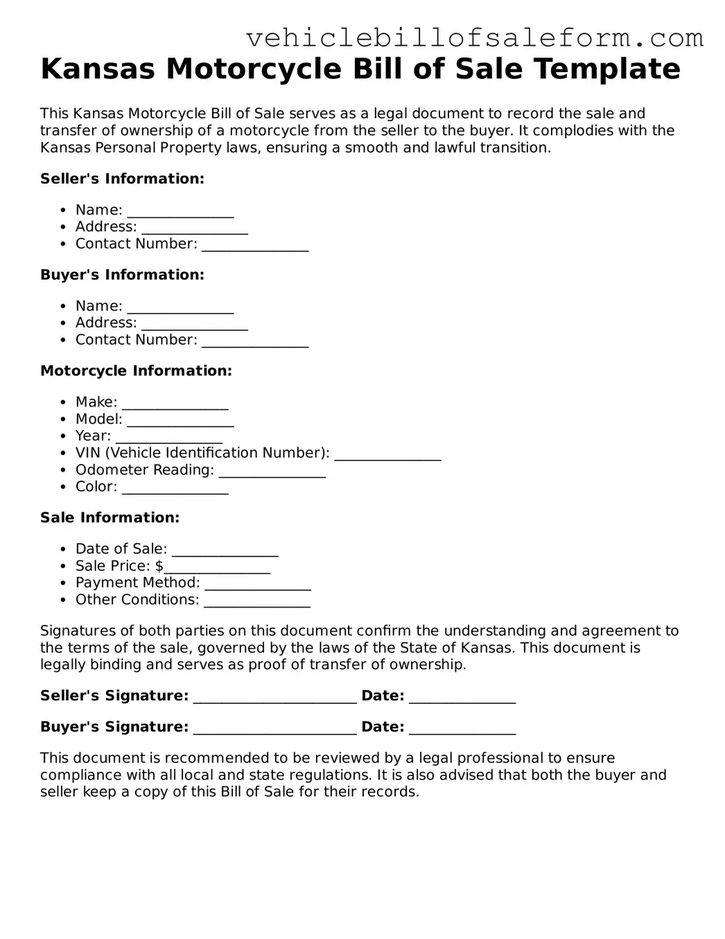 Printable  Motorcycle Bill of Sale Template for Kansas