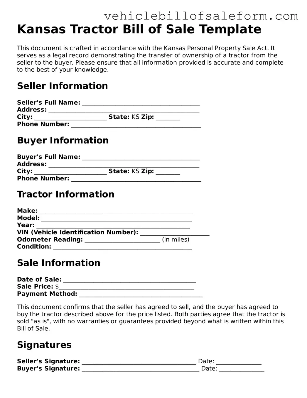 Printable  Tractor Bill of Sale Template for Kansas