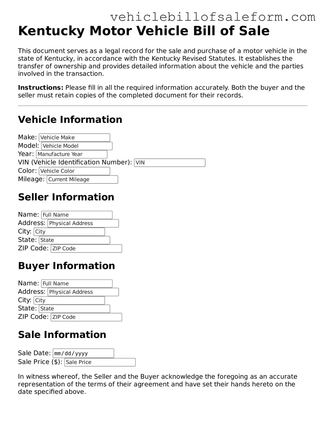 Printable  Motor Vehicle Bill of Sale Template for Kentucky