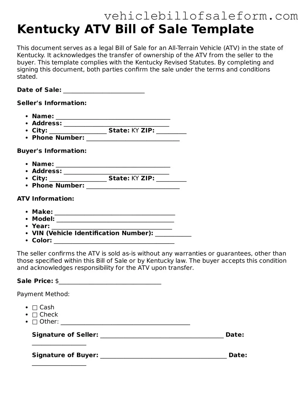Printable  ATV Bill of Sale Template for Kentucky