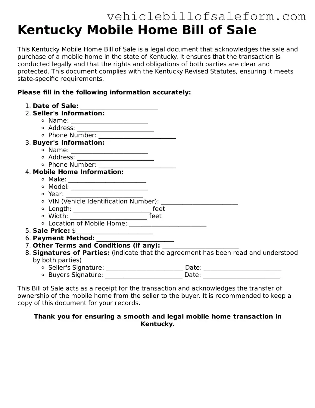 Printable  Mobile Home Bill of Sale Template for Kentucky