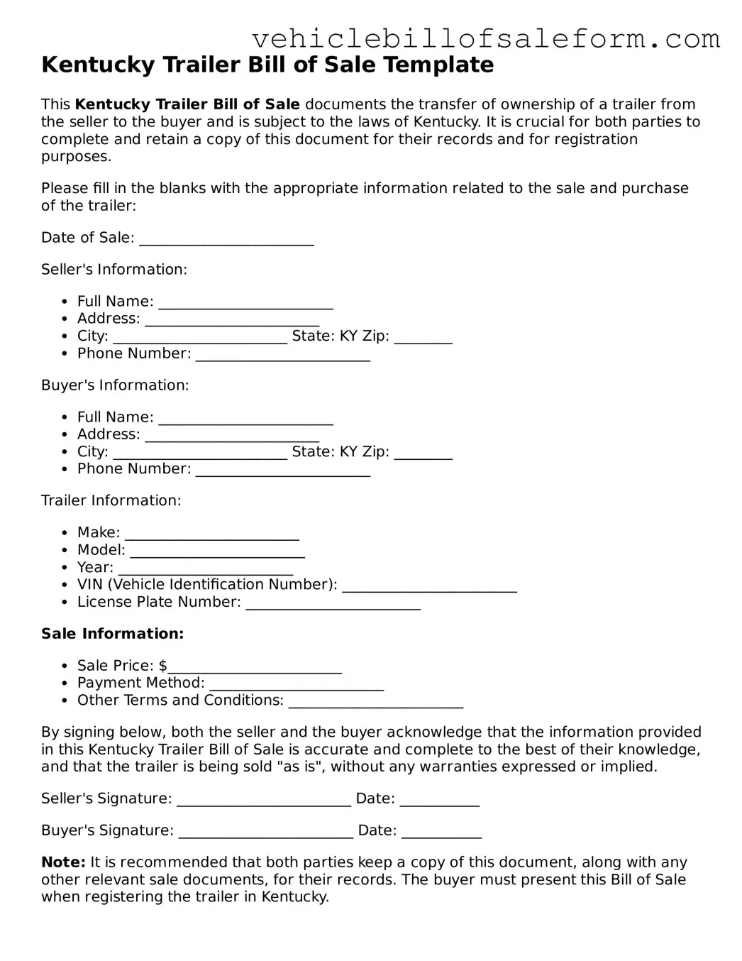 Printable  Trailer Bill of Sale Template for Kentucky