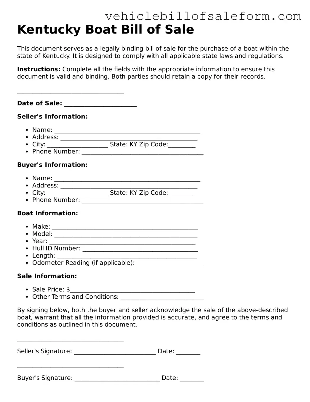 Printable  Boat Bill of Sale Template for Kentucky