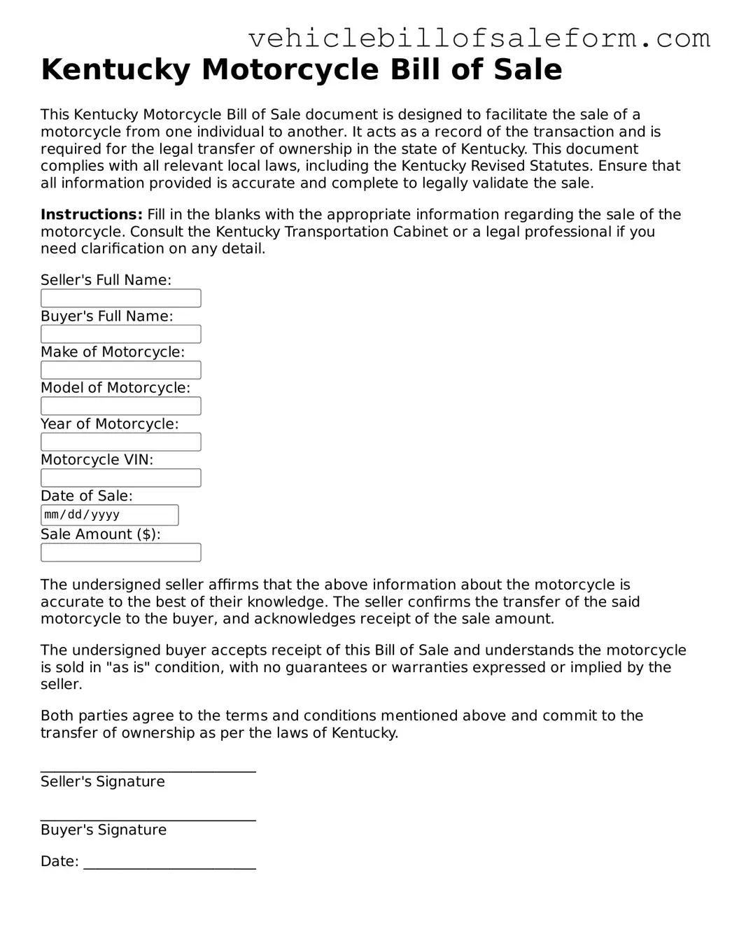 Printable  Motorcycle Bill of Sale Template for Kentucky