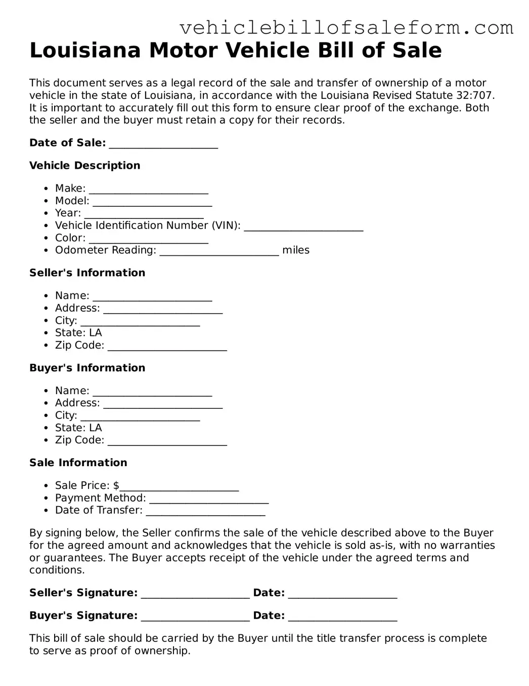 Printable  Motor Vehicle Bill of Sale Template for Louisiana