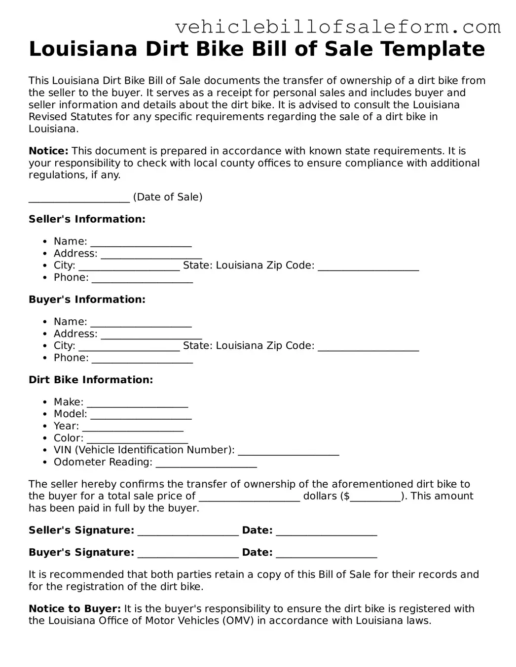 Printable  Dirt Bike Bill of Sale Template for Louisiana