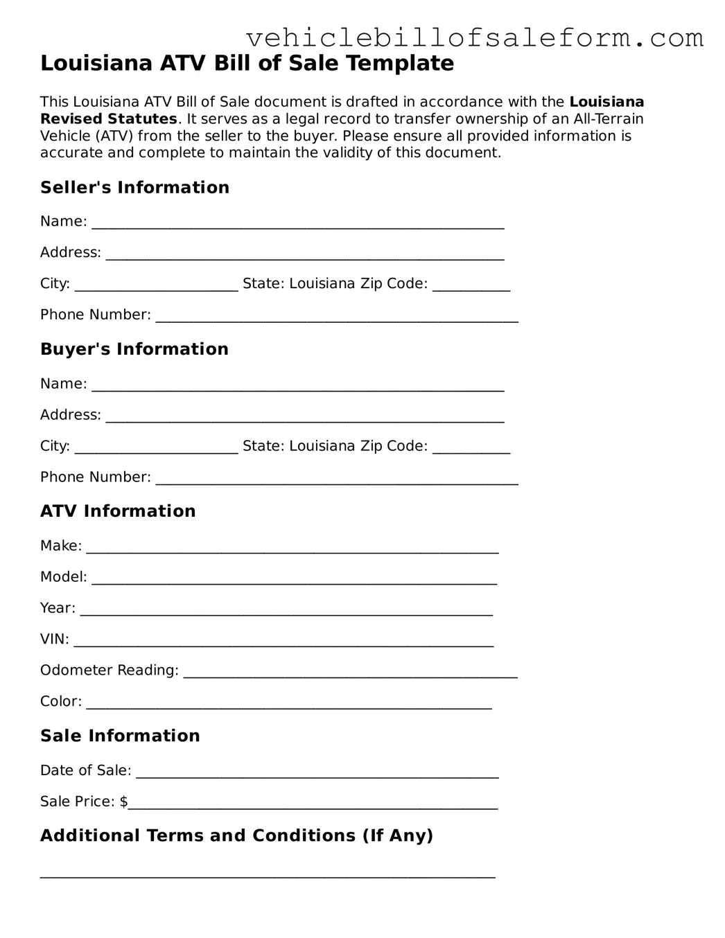 Printable  ATV Bill of Sale Template for Louisiana