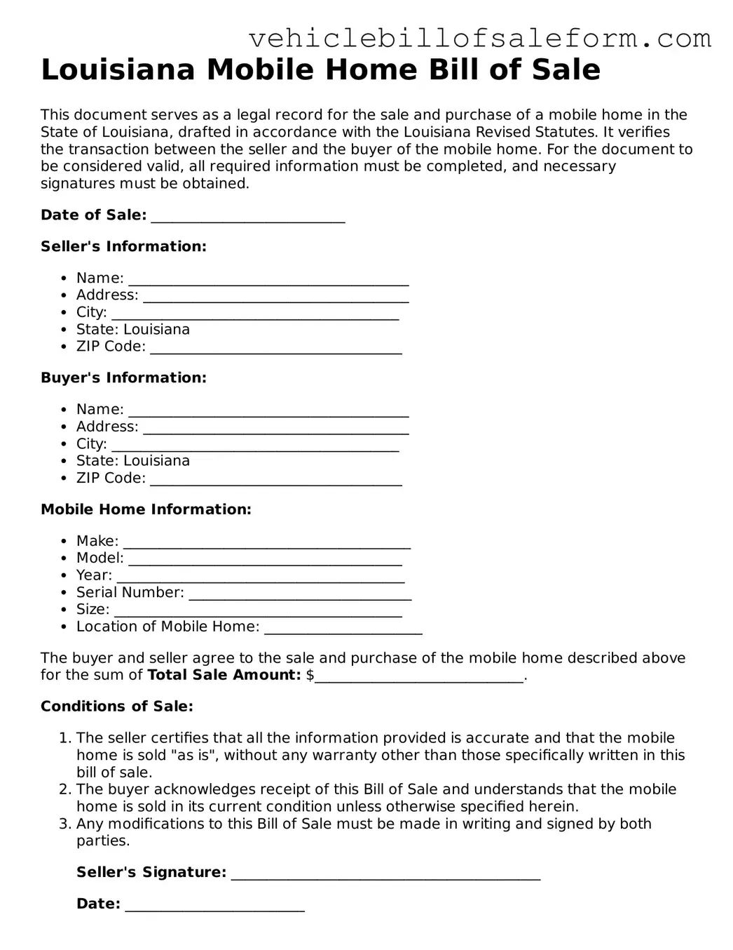 Printable  Mobile Home Bill of Sale Template for Louisiana