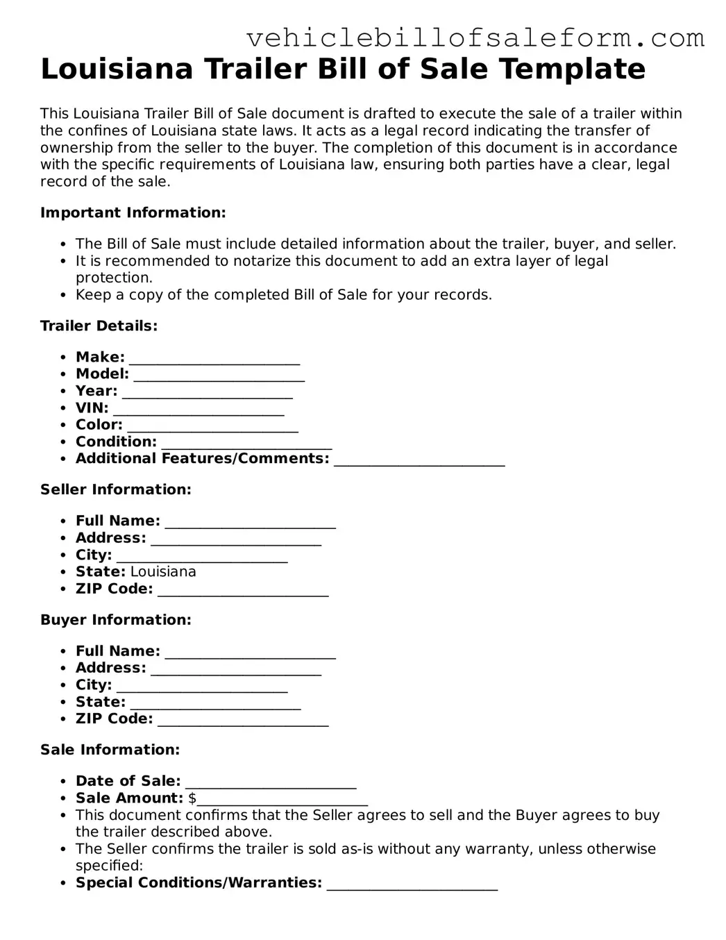 Printable  Trailer Bill of Sale Template for Louisiana