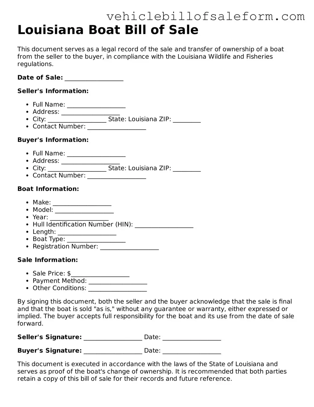 Printable  Boat Bill of Sale Template for Louisiana