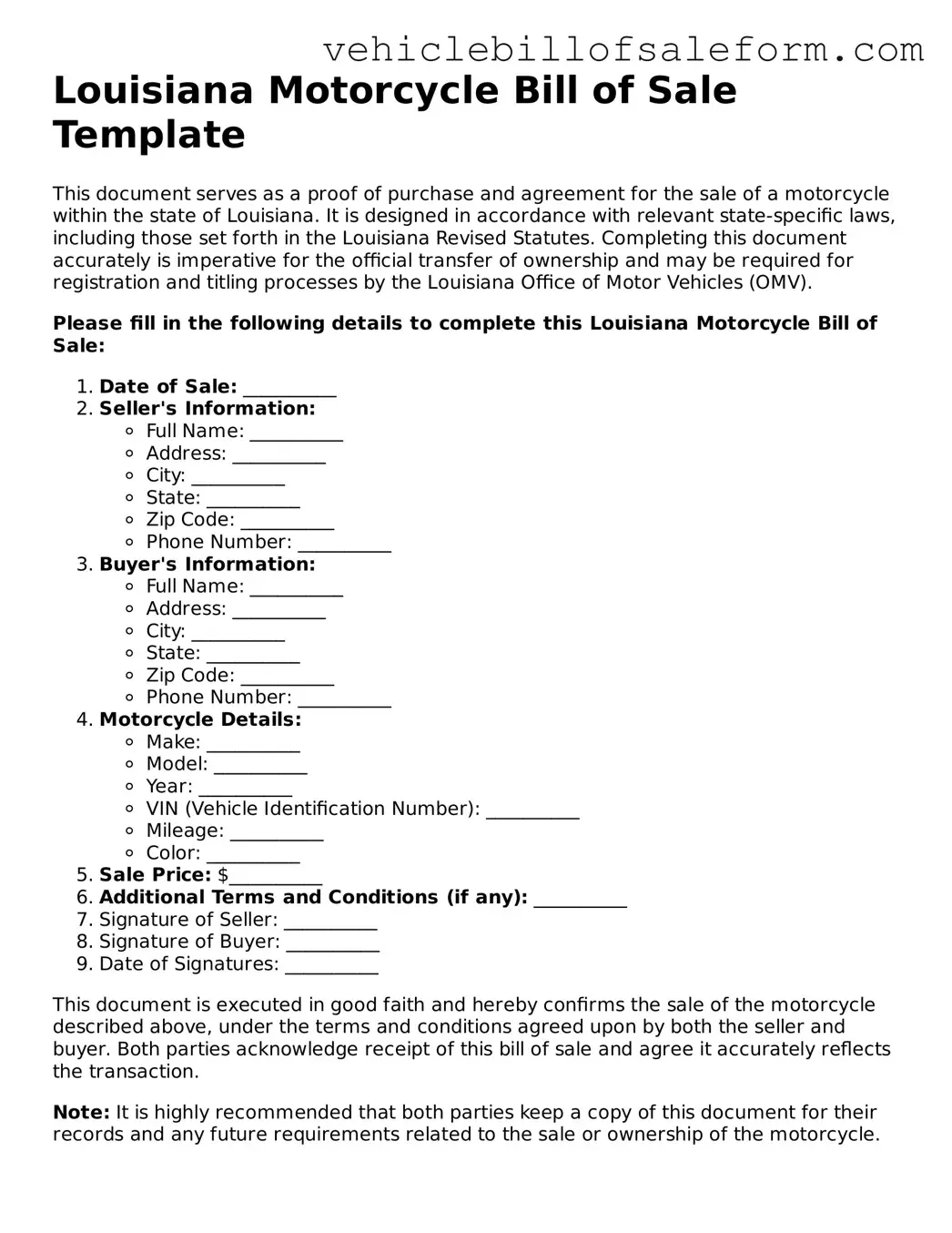 Printable  Motorcycle Bill of Sale Template for Louisiana
