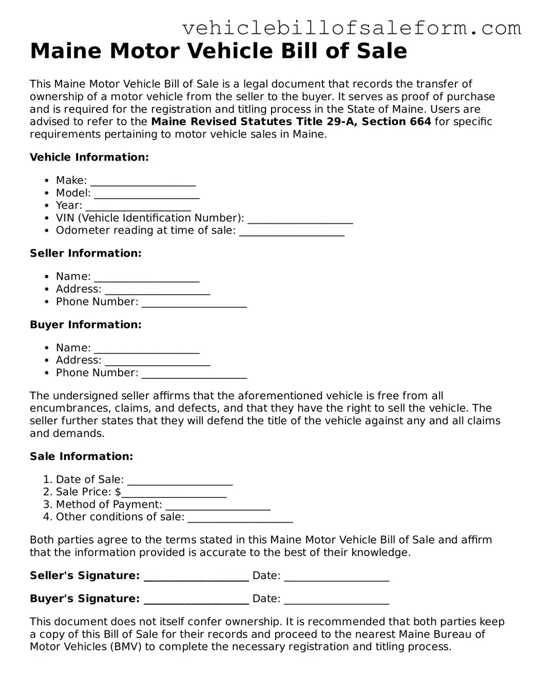 Printable  Motor Vehicle Bill of Sale Template for Maine
