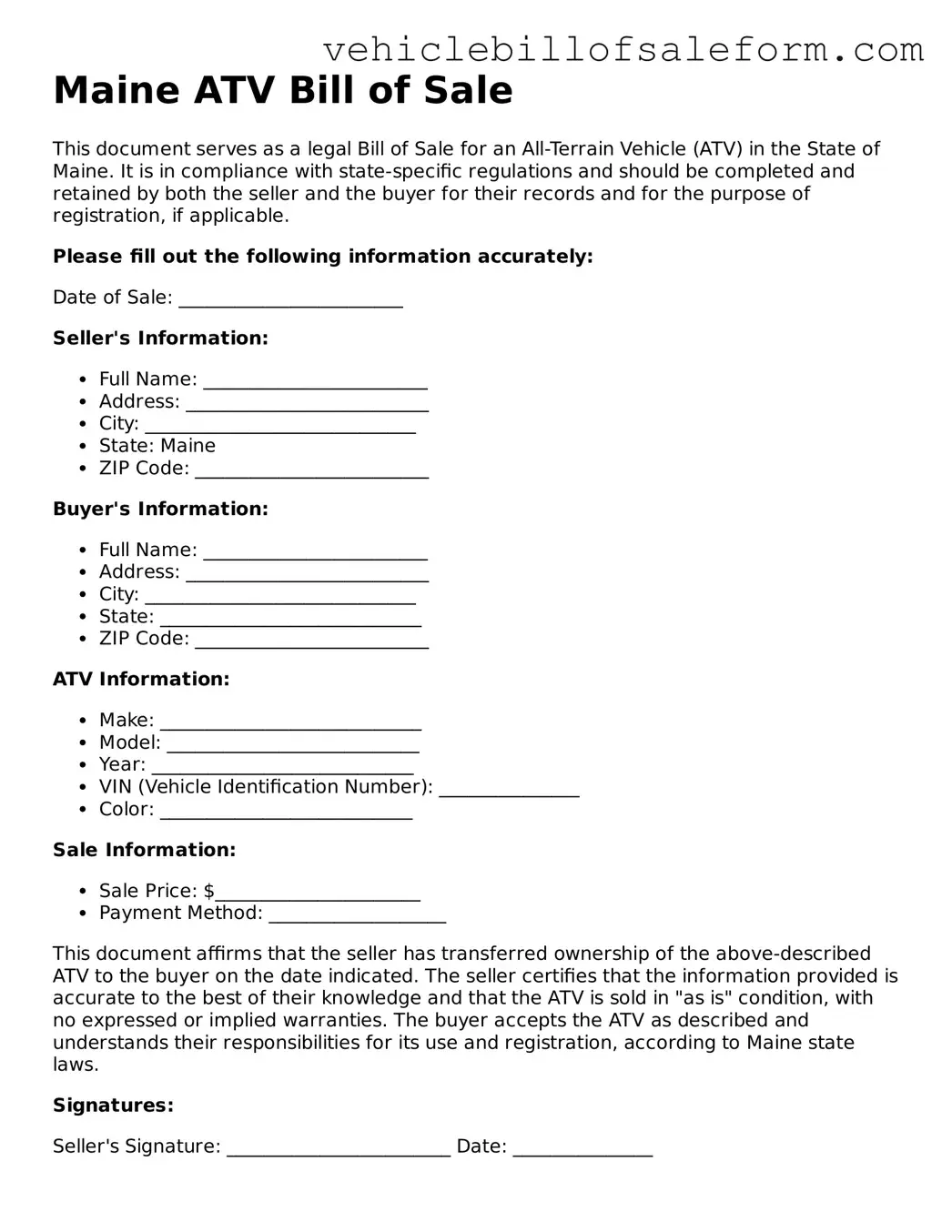 Printable  ATV Bill of Sale Template for Maine