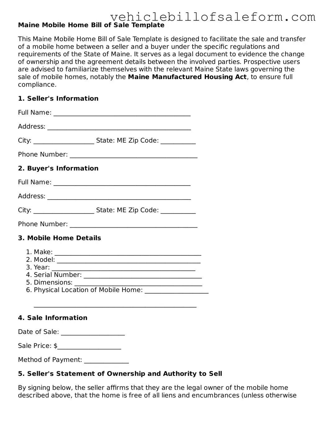 Printable  Mobile Home Bill of Sale Template for Maine