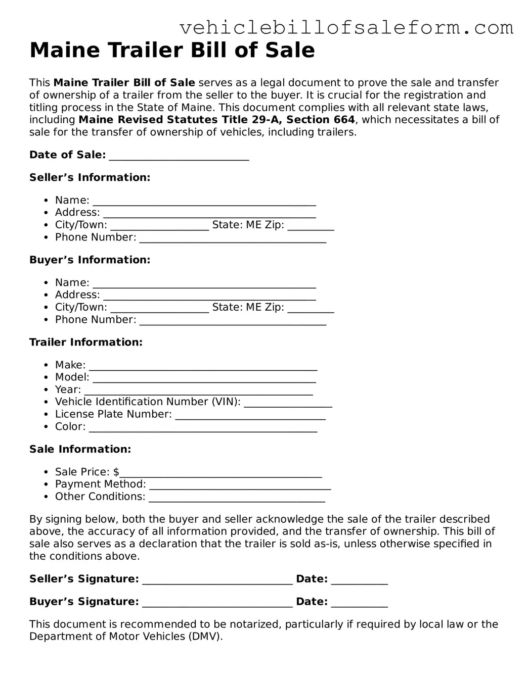 Printable  Trailer Bill of Sale Template for Maine