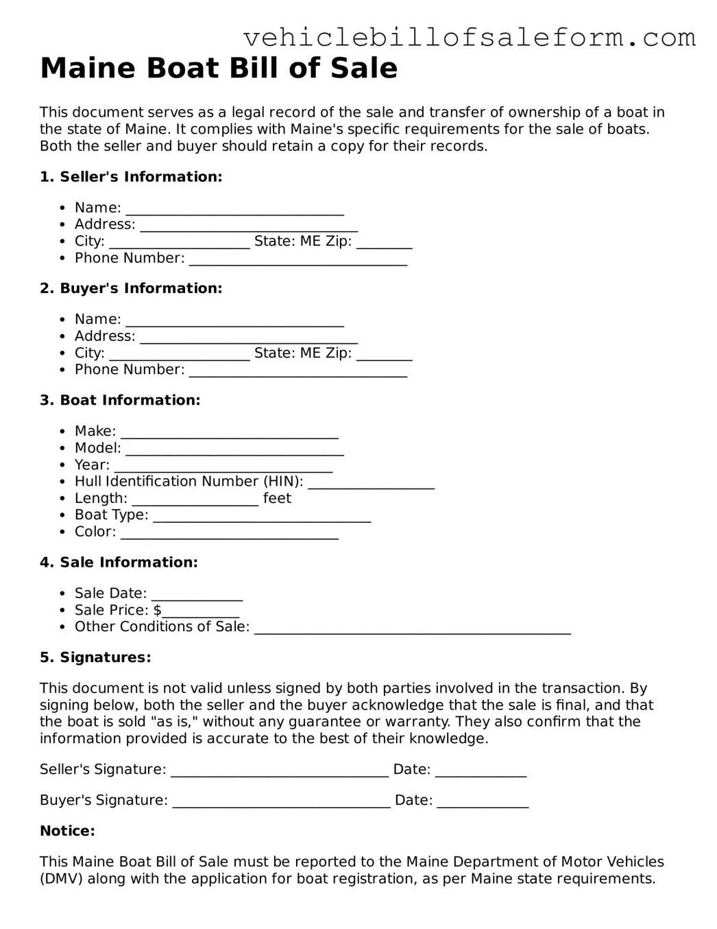 Printable  Boat Bill of Sale Template for Maine
