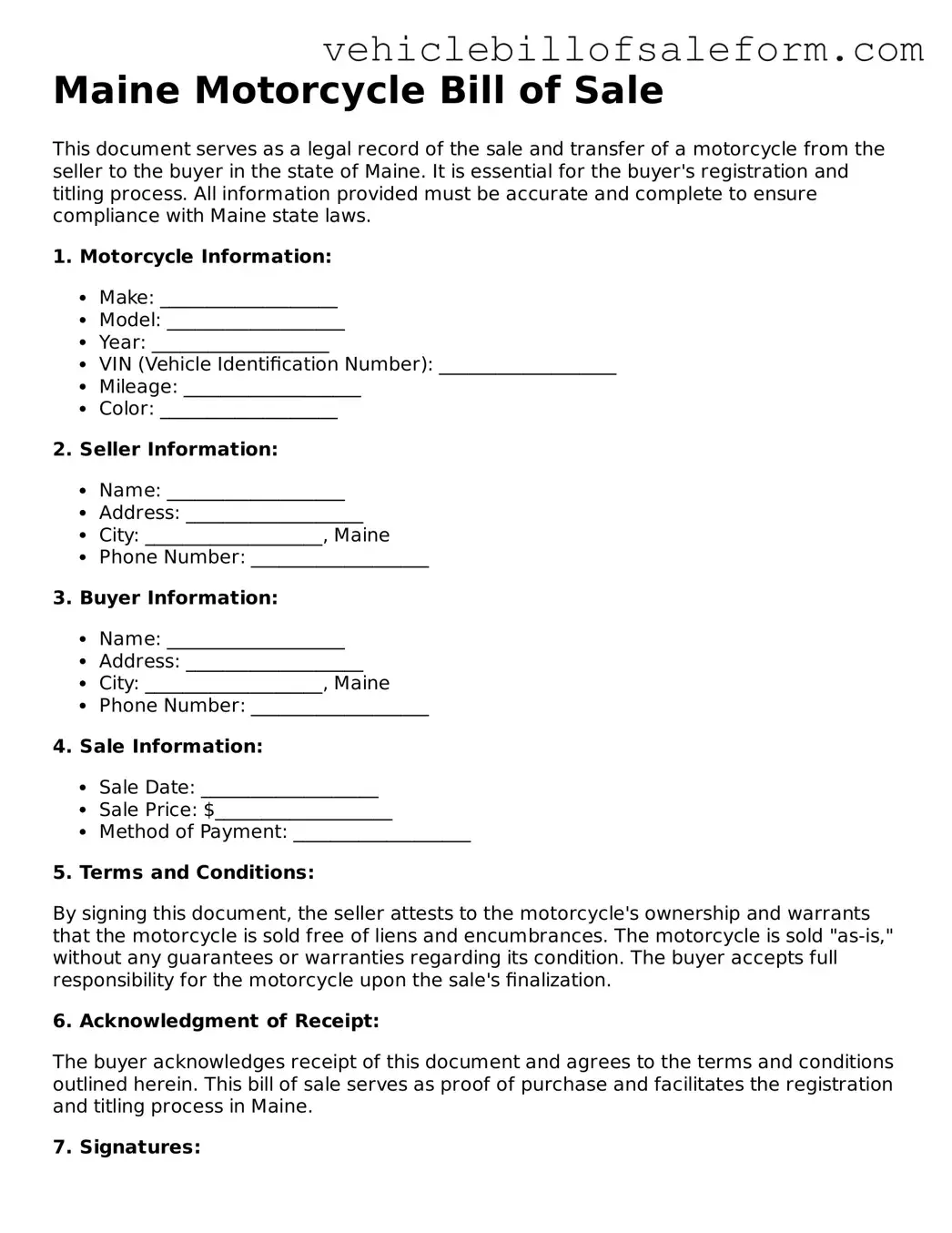 Printable  Motorcycle Bill of Sale Template for Maine