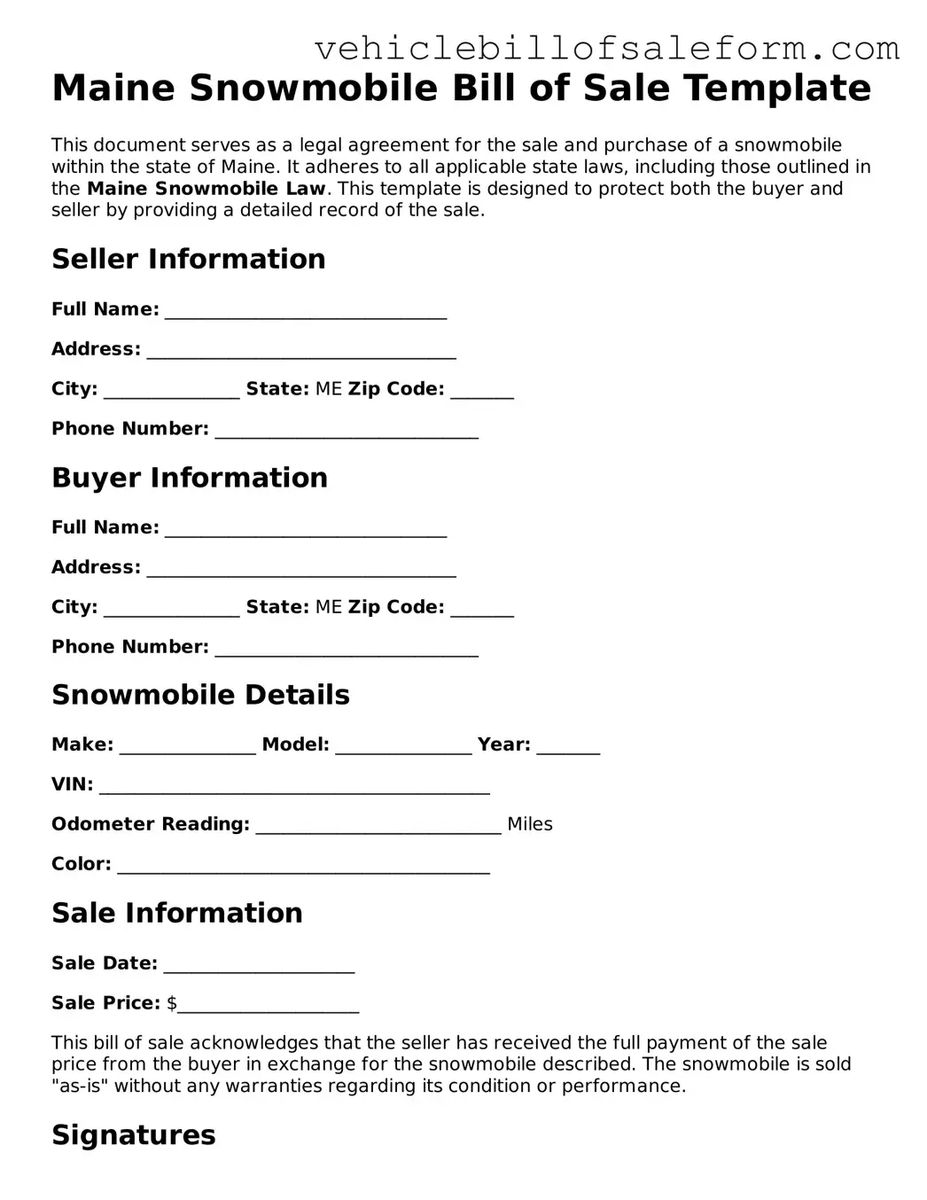 Printable  Snowmobile Bill of Sale Template for Maine